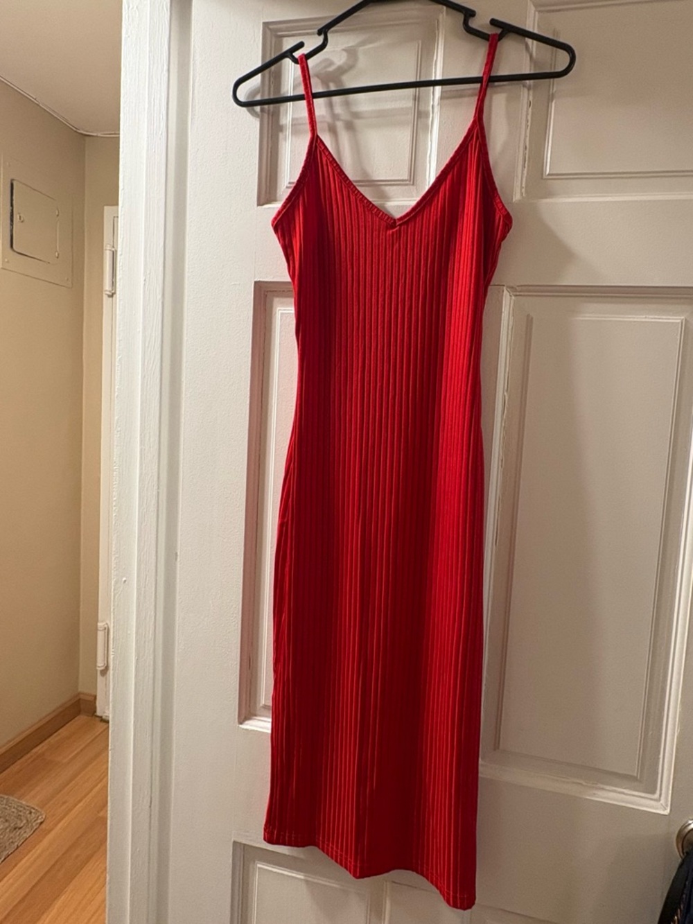 Red Ribbed Slip Dress - Women's Elegant Spaghetti Strap